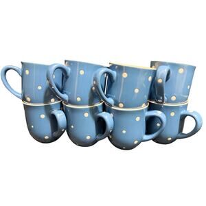Temptations by Tara Stoneware Coffee Mugs - Blue Polka Dots - Set of 8 - 12oz